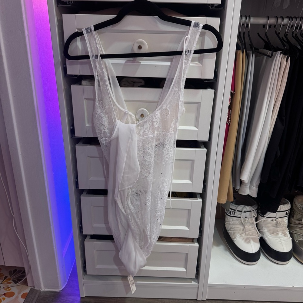 FOR LOVE & LEMONS Sonja Corset Draped Lace Rhinestone Bridal Mini Slip Dress - Picture 4 of 9